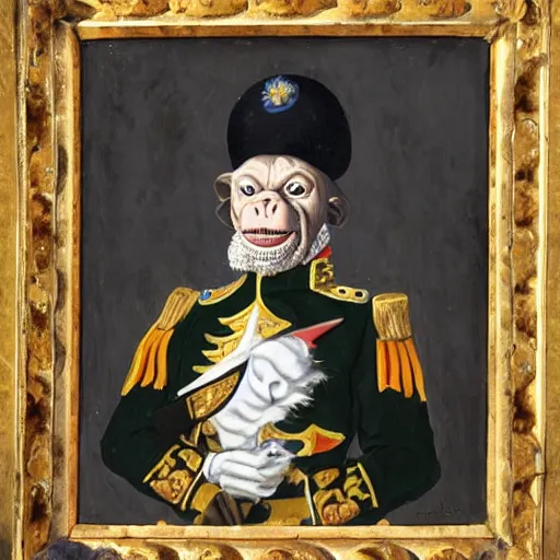 Image similar to An exquisite modern painting of an albino chimpanzee dressed like a bearded Napoleon with correct military uniform, no frames