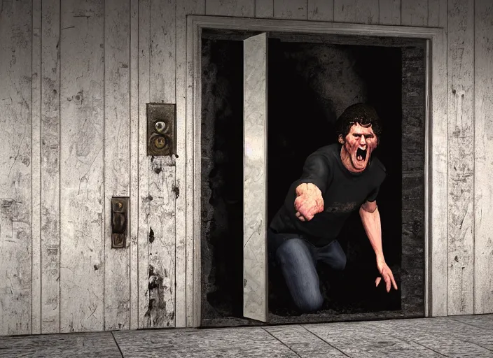 Prompt: todd howard screaming breaking down door, horror, intense