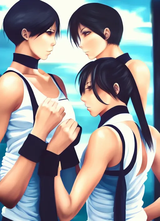 Prompt: two beautiful identical female fighters with short hair facing each other in gym, white top, dim lighting, gorgeous features, high resolution, detailed anime art