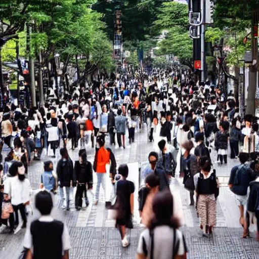 Prompt: street of tokyo with crowd statues of people