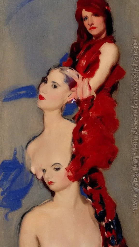 Image similar to portrait of rebekah delrio in lynch pattern dress and red ros on hair, blue and red lights painted by john singer sargent