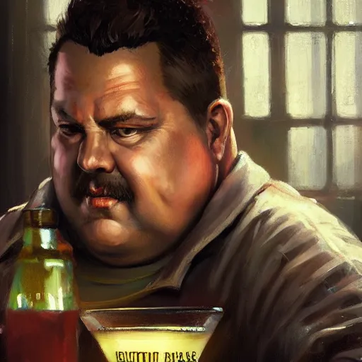 Image similar to closeup portrait of an overweight barkeeper with an artificial arm, ratz, neuromancer, bar background, painted by greg rutkowski, painted by igor kieryluk, high detail, dramatic light, digital art, trending on artstation