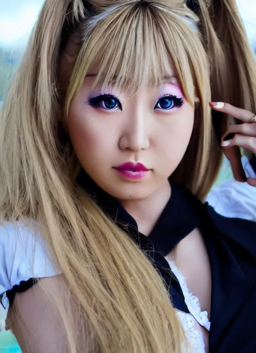 Image similar to a film still of junko enoshima, a japanese gyaru model with thick blonde pigtails, blue eyes, and gyaru fashion, villianess, fashion photography