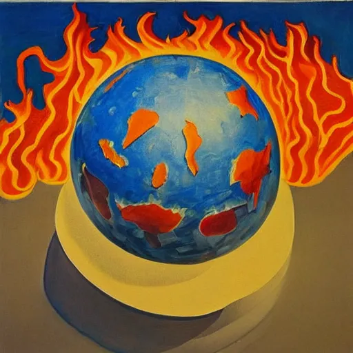 Image similar to a highly detailed painting of the world globe in flames, inspired by dali, matisse, klee, bosch, david hockney, trending on artstation, 4 k