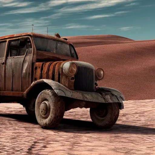 Prompt: postapocalyptic armed car in style of vangers rusty jury - rigged desolate lanscape