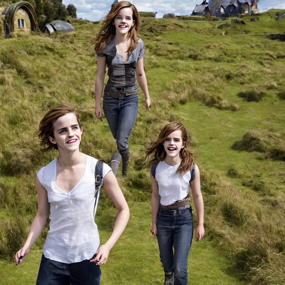 Image similar to Joyful!!! smiling Emma Watson wearing cyborg prosthetic in the style of Her (2013). Clear Hands. Clear body. Clear Clothes. Hobbiton as Background. Cinematic. Professional Photo. UHD. 8k. Clear Face.