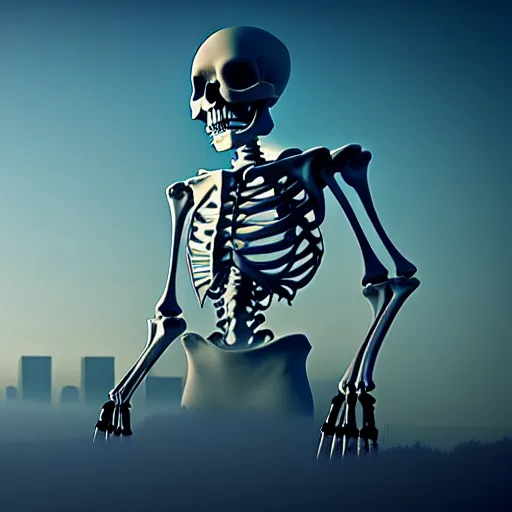 Prompt: Highly detailed Photograph of a colossal human skeleton looming over a city, hyperrealistic, volumetric fog, 8k resolution, maximum detail, the image portrays a deep sense of forboding and dred