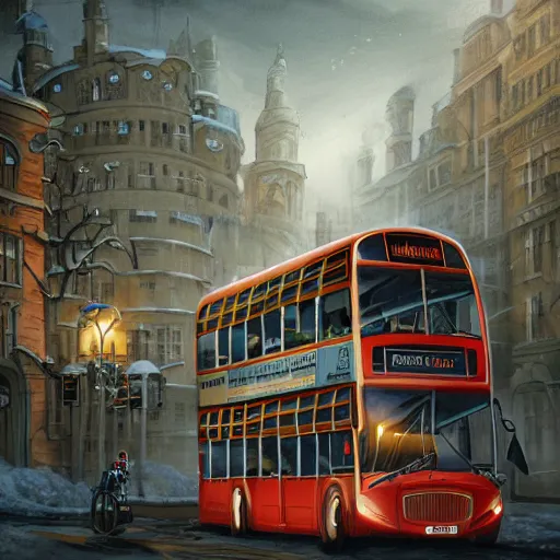 Image similar to a storybook illustration of a multistory bus in winter london road, intricate, elegant, fantasy, highly detailed, digital painting, concept art, sharp focus, artstation