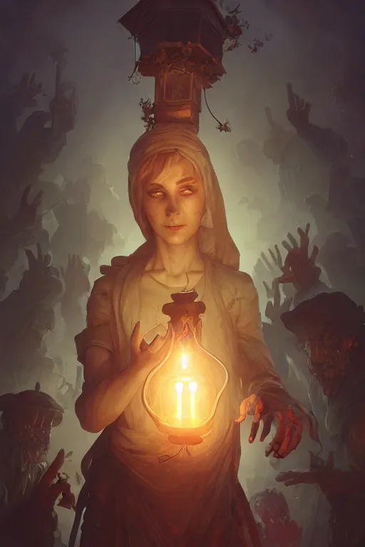 Prompt: cleric holding a lantern in a cemetery surrounded by zombies, highly detailed, digital painting, artstation, concept art, smooth, sharp focus, illustration, art by artgerm and greg rutkowski and alphonse mucha and andrei riabovitchev