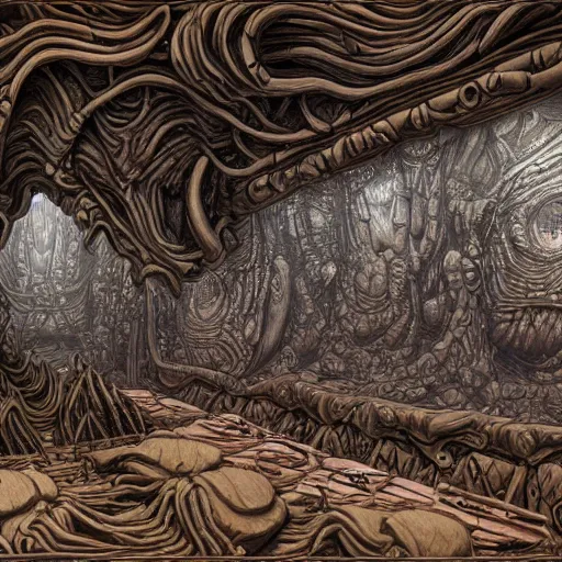 Prompt: a monstrous organic flesh room with intricate folds and grotesque textures, cube shaped room, highly detailed, alien technology, 4 k, 8 k, oil on canvas