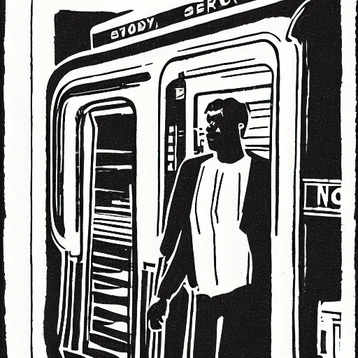 Image similar to a risograph print of a man walking into a New York City subway station