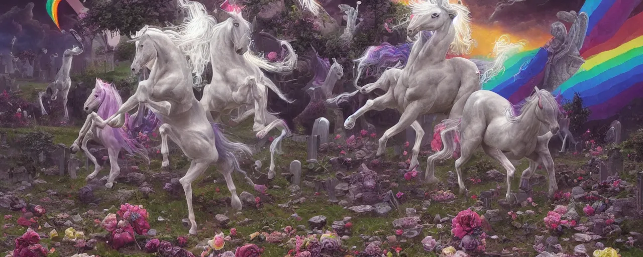 Image similar to a beautiful detailed mate painting of unicorns dancing under a rainbow on a graveyard'by wayne barlowe, existential horror, trending on cgsociety artstation, highly detailed, 8 k, masterpiece, super resolution.