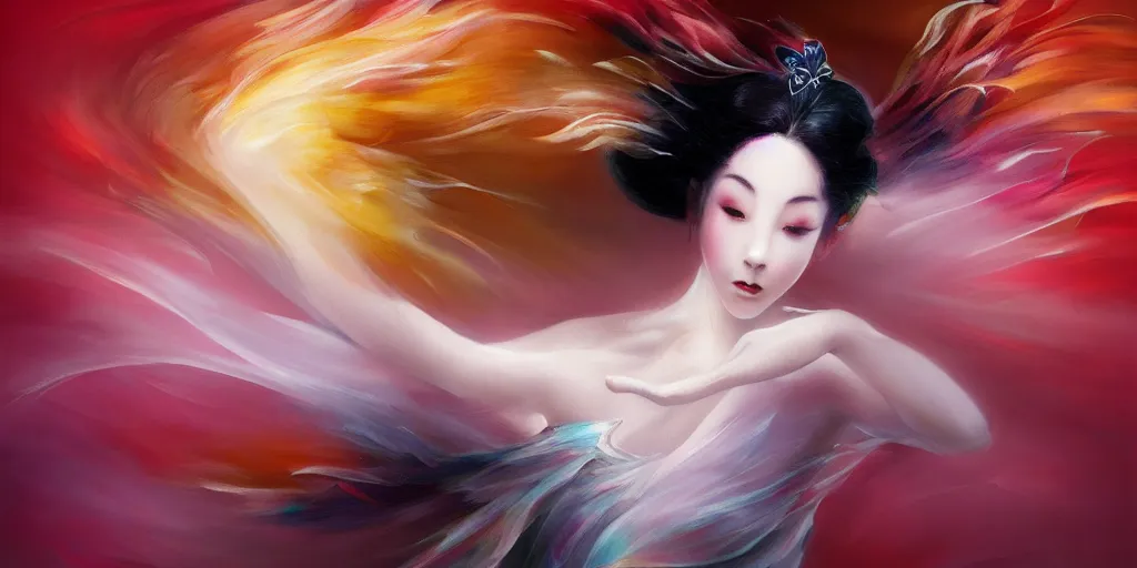 Prompt: Beautiful ethereal geisha prima ballerina dancing in the wind, volumetric lighting, elegant, fluid, highly detailed oil painting, digital painting, concept art, smooth, sharp focus, illustration, strong lines and bold colors, limited color palette, atmosphere and tension, Japanese,manga, trending on artstation