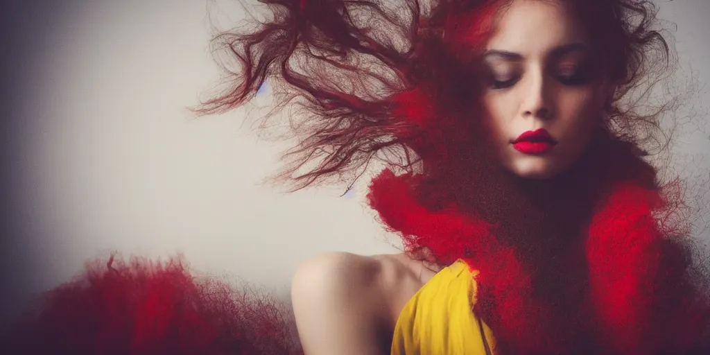 Prompt: a photo of a beautiful woman with accents of yellow and red. Moody and melanchony