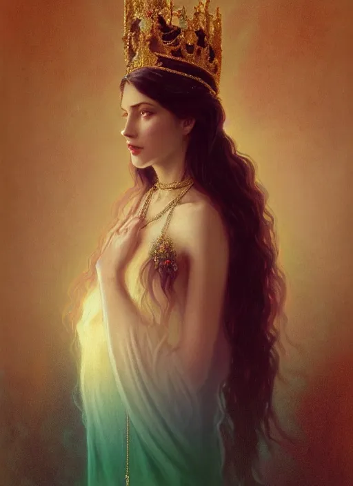 Prompt: ombre velvet gown, lovely queen, portrait, long hair, small crown, dozens of jeweled necklaces, feral languid woman, by greg rutkowski, anato finnstark, alphonse mucha, global illumination, radiant light