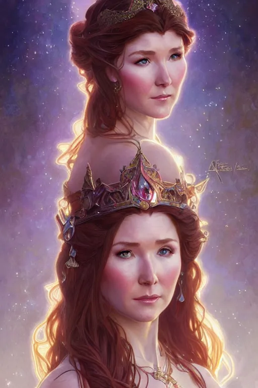 Image similar to Jewel Staite as a princess, fantasy, intricate, elegant, highly detailed, digital painting, artstation, concept art, matte, sharp focus, illustration, art by Artgerm and Greg Rutkowski and Alphonse Mucha