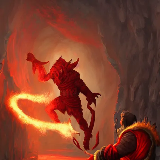 Prompt: A red Dragonborn monk, breathing fire at a huge troll that is climbing out of the Yawning Portal Tavern in Waterdeep, dynamic lighting, low angle, detailed acrylic painting, trending on artstation