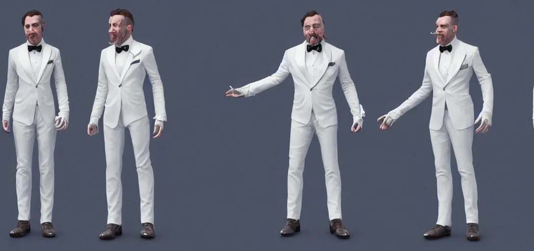 Prompt: character sheet concept art of a galaxy skin wearing a white tuxedo, realistic, hyperrealistic, photographic, costume, wlop, dan mumford, greg rutkowski, high detail, octane render, alexander mcqueen, james gurney, james jean, mucha, photo, 8 k, intricate