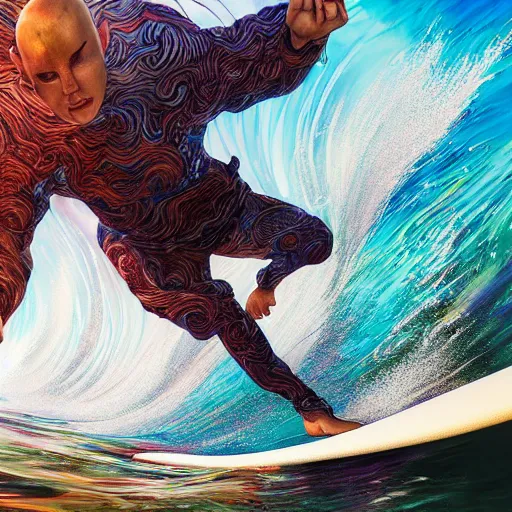 Image similar to surfing mulitcolor waves, art by chris dyer, stanley artgerm lau, wlop, rossdraws, james jean, andrei riabovitchev, marc simonetti, yoshitaka amano photorealistic,, vray, hdr, hyper detailed, dramatic lighting, octane render, weta digital, 3 d sculpture