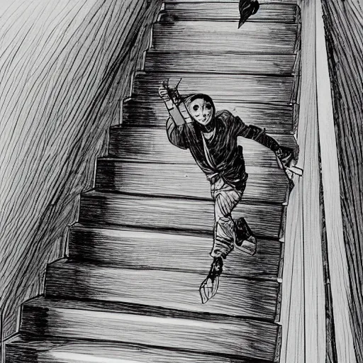 Prompt: a wizard running down a flight of stairs and dropping a bunch of books by Kim Jung gi