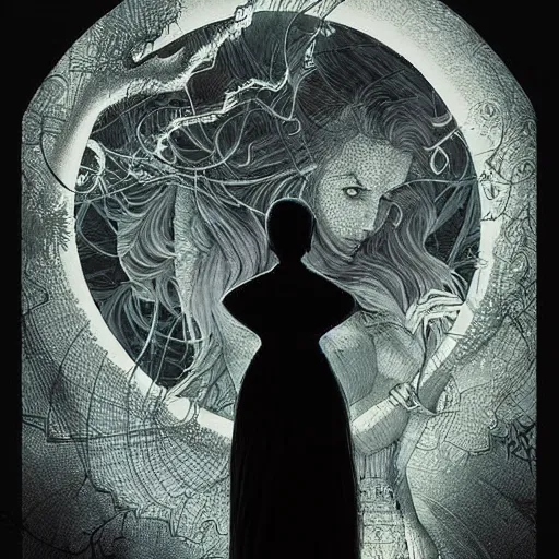 Image similar to figurines looking at the full moon, transparent soul leaving the body, dramatic cinematic lighting, filigree, lace, art by loish, dave mckean