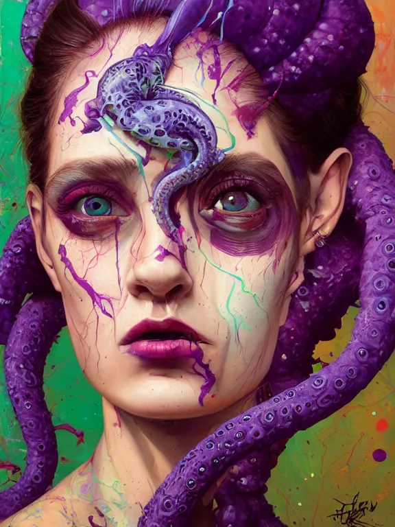 Image similar to art portrait of a girl with purple tentacles on her head,8k,by tristan eaton, Stanley Artgermm,Tom Bagshaw,Greg Rutkowski,Carne Griffiths,trending on DeviantArt,face enhance,hyper detailed,minimalist,cybernetic, ,full of colour