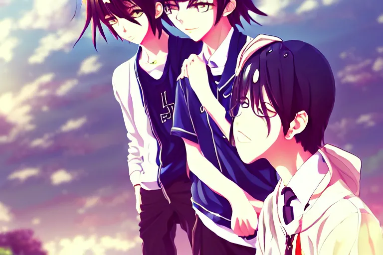 Image similar to boy's love anime high school scene spring setting, high detail concept art, perfect proportions good looking, realistic shaded lighting poster loish, katsuhiro, makoto shinkai and clamp style, trending on art station, best selling artist pixiv