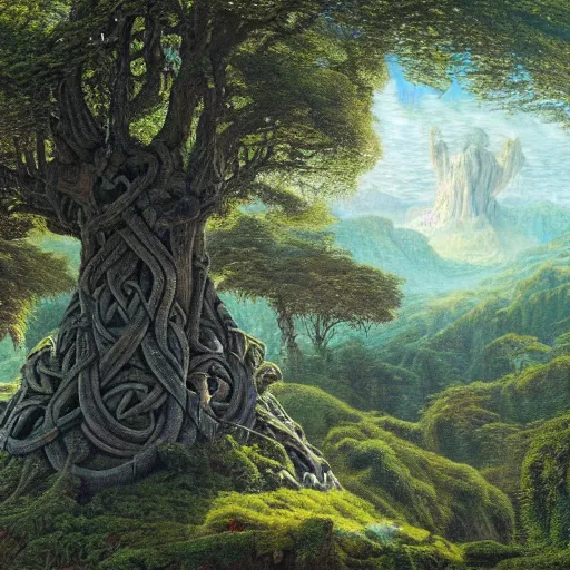 Image similar to a beautiful and highly detailed matte painting of a giant tree in a magical garden in lush forest in the valley of dreams, celtic knots, intricate details, epic scale, insanely complex, 8 k, sharp focus, hyperrealism, very realistic, by caspar friedrich, james gurney, brian froud,