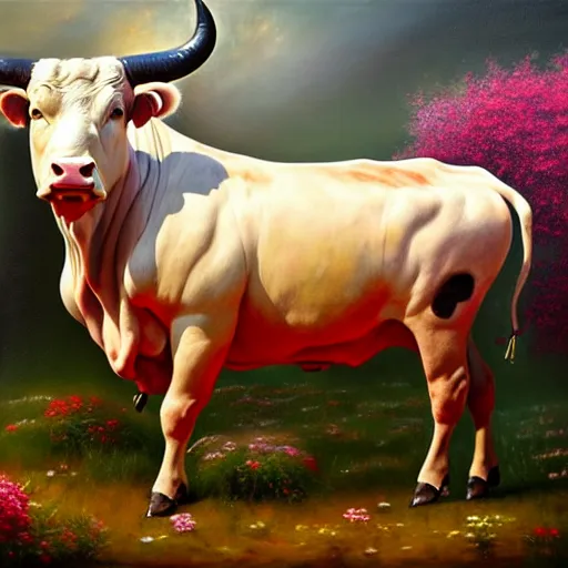 Image similar to beautiful oil painting depicting a scene with a bull who's skin completely covered by flowers and plants, fullbody shot, high details, trending on artstation