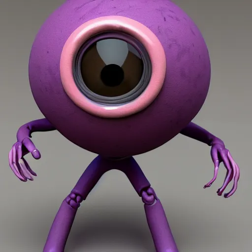 Image similar to photo of a clay model of character with large spherical purple head and tiny eyes with comically tiny body and spindly limbs leans close to the camera, fish eye lens, 4 k, hyper realistic, hyper detailed face, octane render, comedic, cute