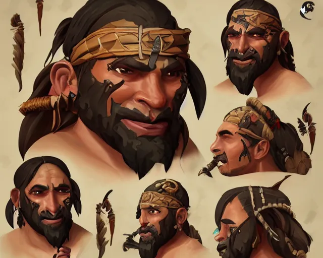 Image similar to sea of thieves character portrait concept art for a tribal native man with polynesian tattoos on his face and a nose ring, cgsociety, trending on artstation, rare ltd,