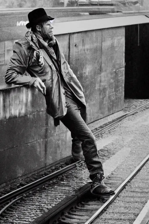 Image similar to Tom Waits sitting on railway station looking at big watches, grey, brown, photorealistic imagery