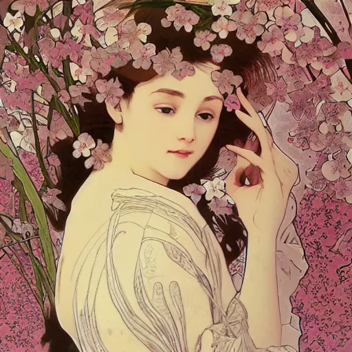 Prompt: floral poster of a dreamy woman in a field of cherry blossom and neural networks, highly detailed, postprocessing, photorealistic, matte painting, 8k, by Alphonse Mucha and Moebius