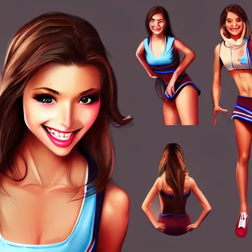 Prompt: very beautiful female cheerleader, smiling, flirting, eye contact, perfect face, perfect body, drawn by artgerm