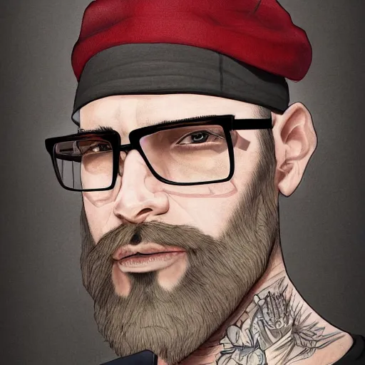 Prompt: portrait of a young, bald, bearded, and tattooed man, wearing glasses and a hat, digital painting, highly detailed, trending on artstation
