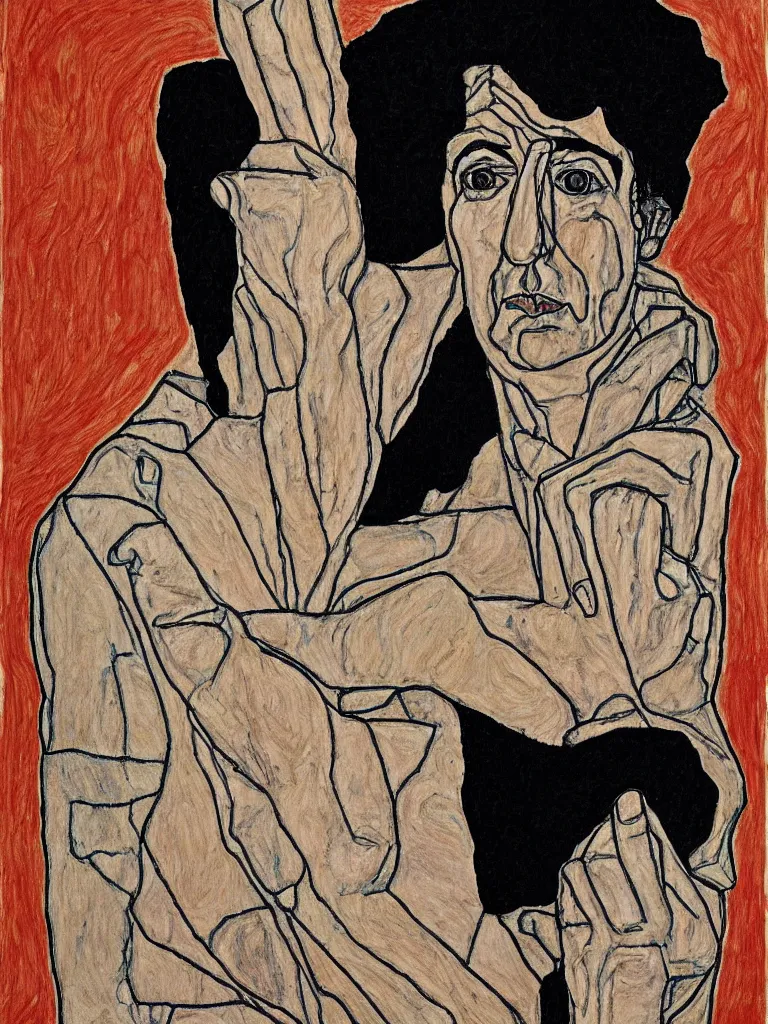 Prompt: a line art portrait of singer leonard cohen, inspired by the work of egon schiele.