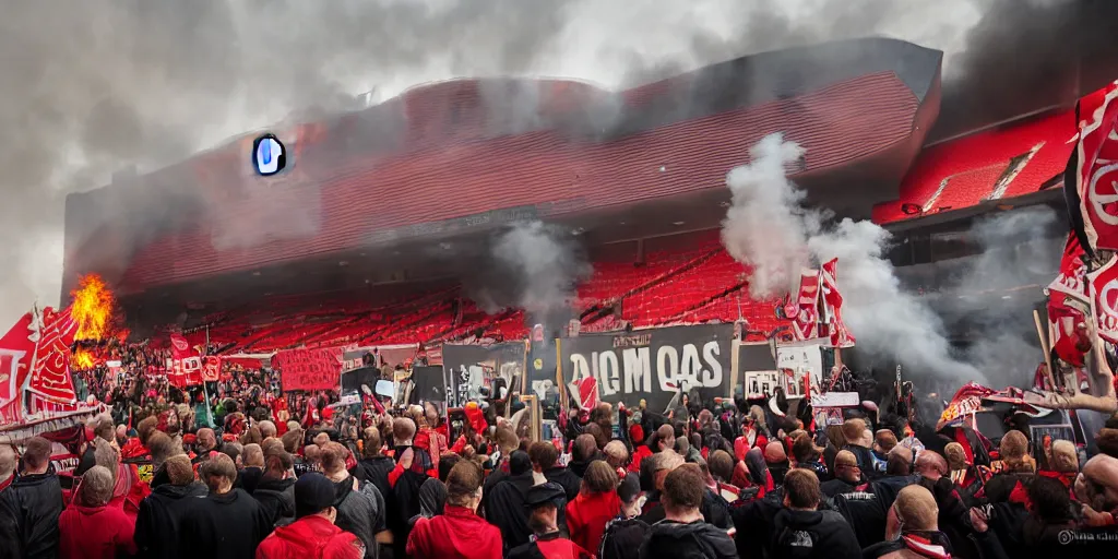 Image similar to old trafford theatre of dreams on fire during protest against the glazers, # glazersout, chaos, protest, banners, placards, burning, pure evil, 8 k, by stephen king, wide angle lens, 1 6 - 3 5 mm, symmetry, cinematic lighting