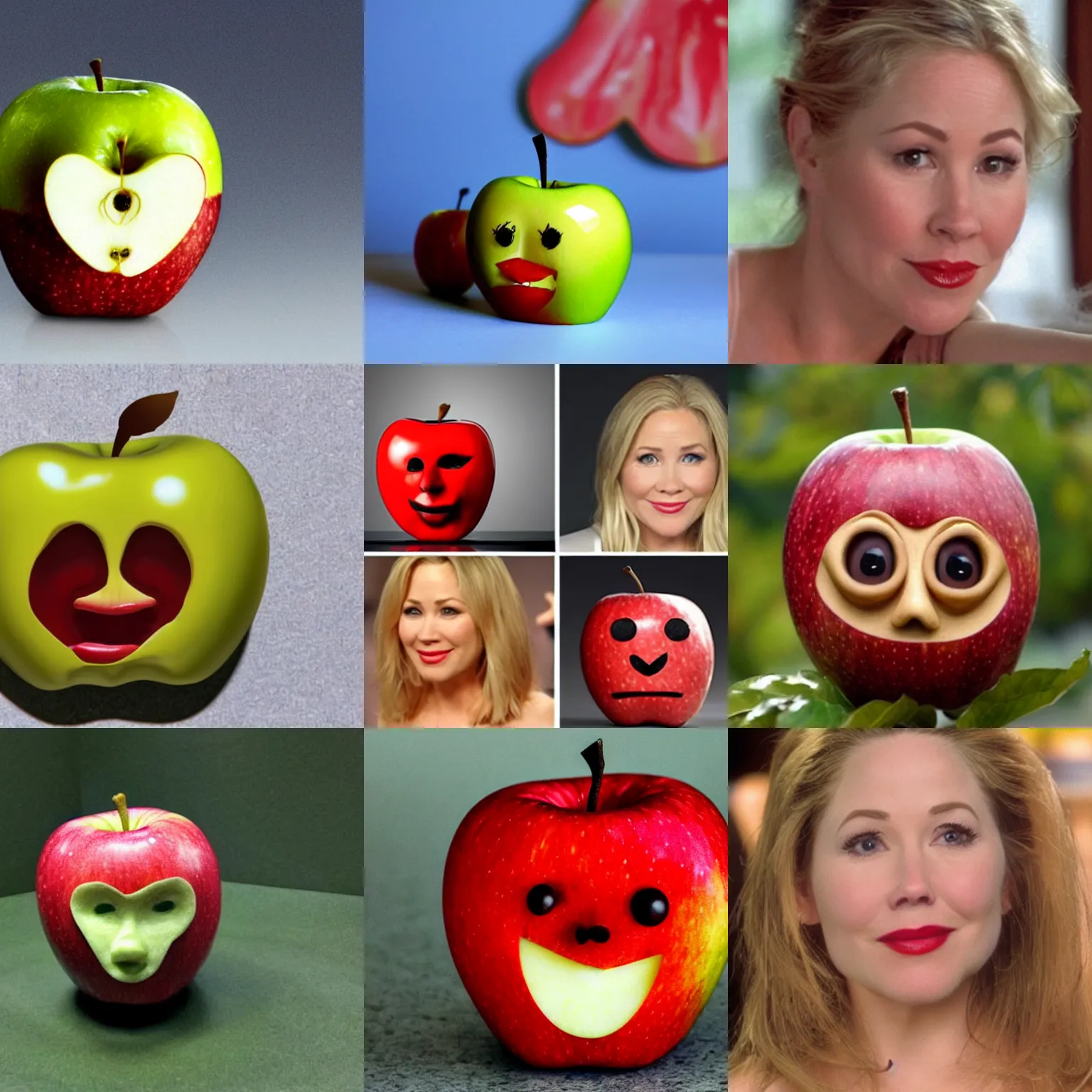 Prompt: an apple with a face looking like christina applegate realistic