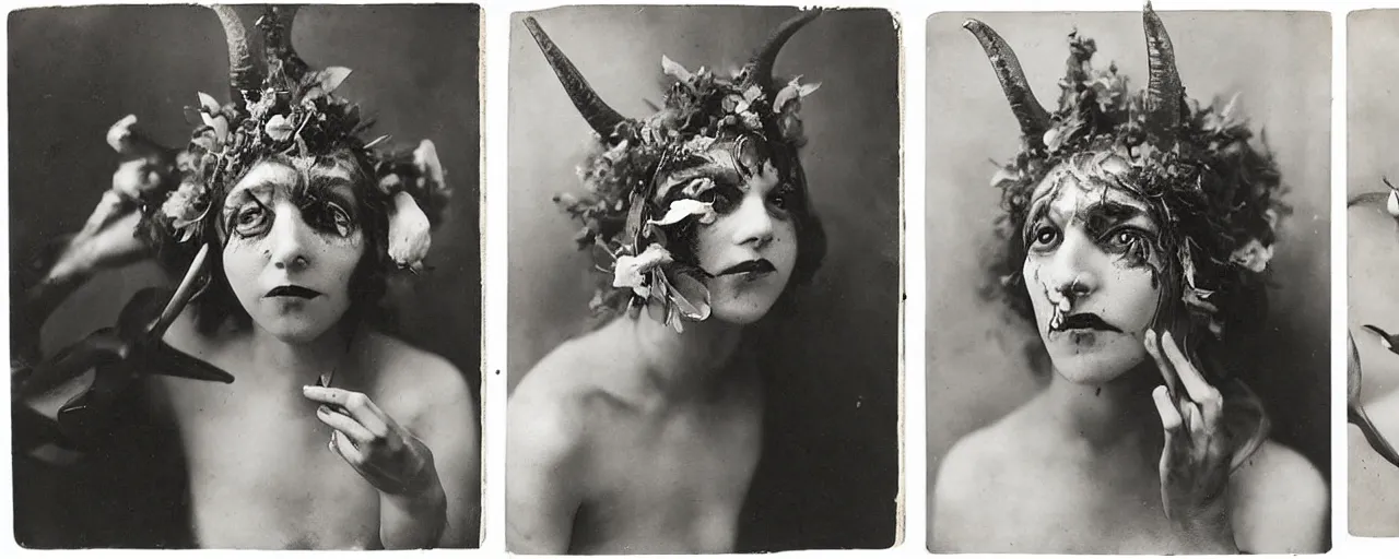 Image similar to 1920s portrait photography of a woman transforming into a monster, edelweiss growing out of his face, goat horns on his head