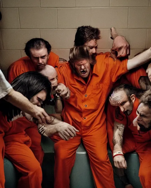 Image similar to Medium shot photo of eagles biting Donald Trumps head in jail, wearing orange pajamas, octane, dramatic lighting, editorial photo, 35mm, very detailed