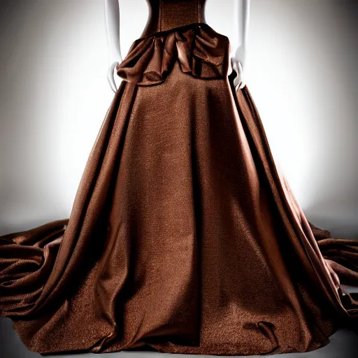 Image similar to a beautiful evening gown made of dark chocolate, on a mannequin.. studio lighting, high quality, high resolution