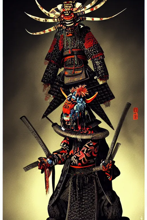 Prompt: samurai yokai cyberpunk kaiju shaman, character concept art by rembrandt van rijn and caravaggio