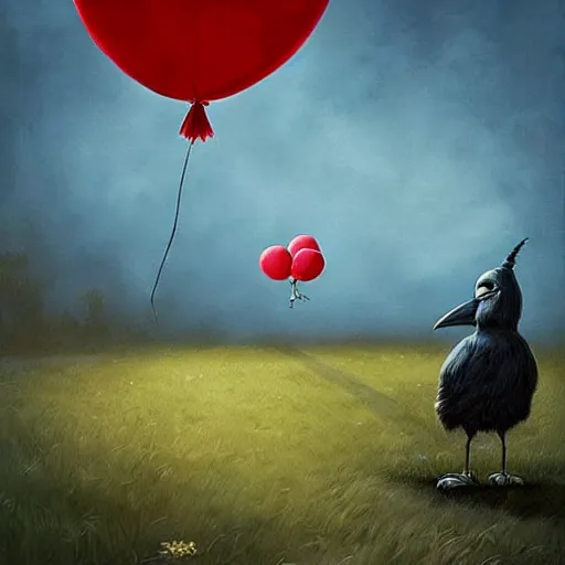 Image similar to grunge cartoon landscape painting of a raven and a red balloon by - michal karcz, loony toons style, pennywise style, horror theme, detailed, elegant, intricate