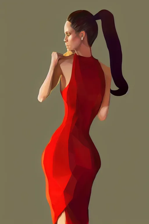 Prompt: full length illustration of very beautifully female looking like angelina jolly with amazing body figure, wearing tight dress, ponytail haircut, digital painting, trending on art station and devian art, pop art, low polygons illustration