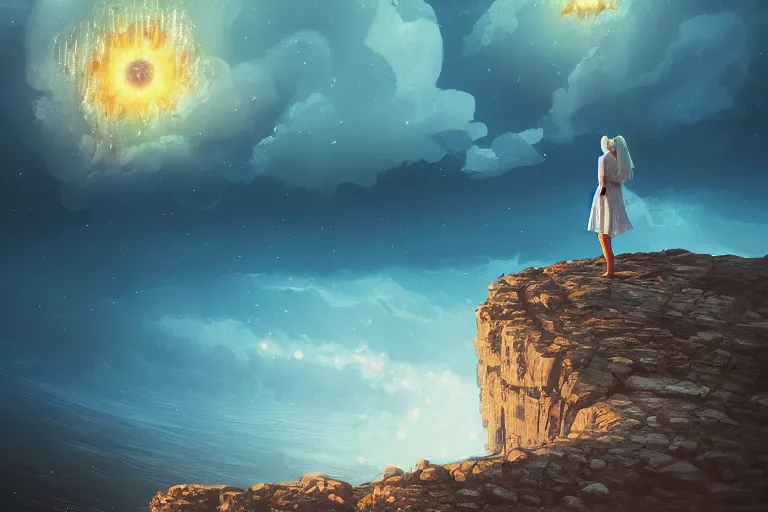 Image similar to giant white daisy flower over head, girl standing on rocky cliff, surreal photography, super nova, milky way, dramatic light, impressionist painting, colorful clouds, digital painting, artstation, simon stalenhag