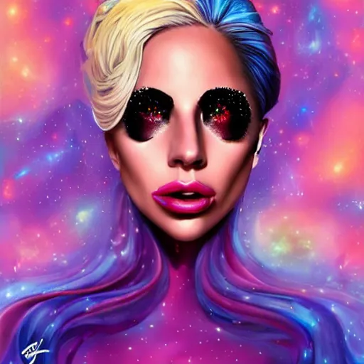 Prompt: lady gaga, lady gaga, lady gaga, galaxies and nebula flowing out of his body, artgerm, psychedelic floral planets, trending on artstation