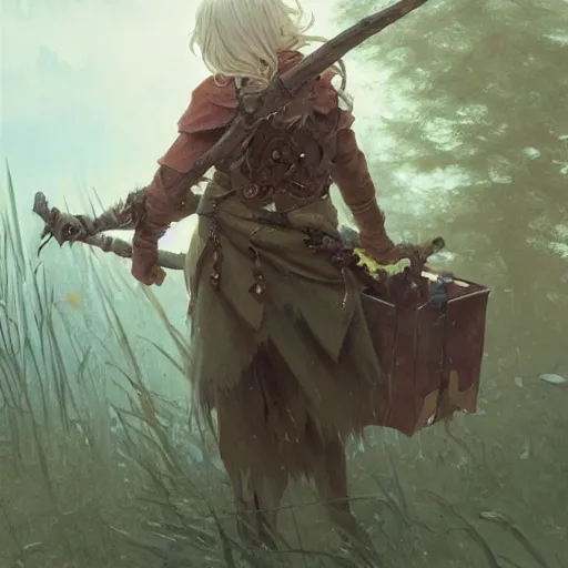 Image similar to elf fairy blonde male with a beautiful face, with a loot on their back, wearing a cardigan, highly detailed, intricate, digital painting, artstation, sharp focus, illustration, art by jakub rozalski, greg rutkowski, artgerm, tan zi and ayanamikodon and alphonse mucha and wlop