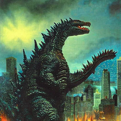 Prompt: Godzilla destroying Tokyo, Thomas Kincade