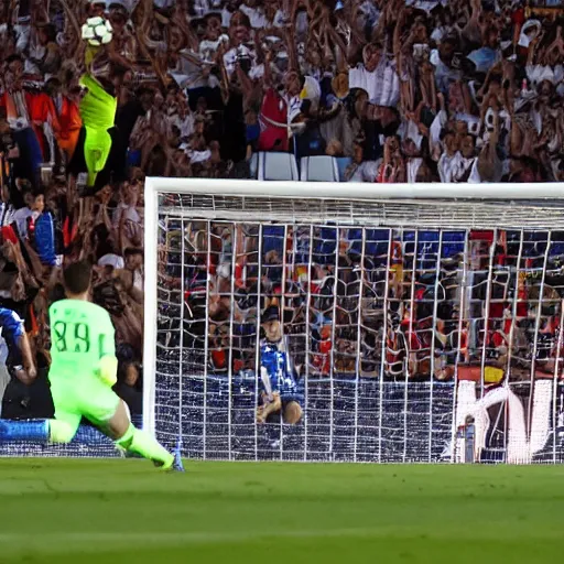 Image similar to messi scoring a bicycle kick with the real madrid shirt, the barca goalkeeper is a mole