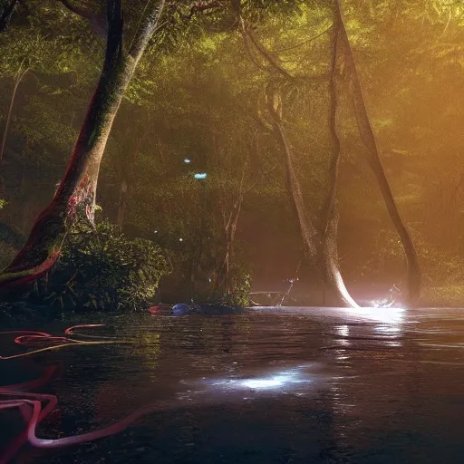 Prompt: Loving romantic drawing of a deep rain forest, light rays from the tree tops, small blue river on the ground, many dancing colorfull squid robots flying around, hypermaximalistic, high details, cinematic, 8k resolution, beautiful detailed, insanely intricate details, artstation trending, octane render, unreal engine